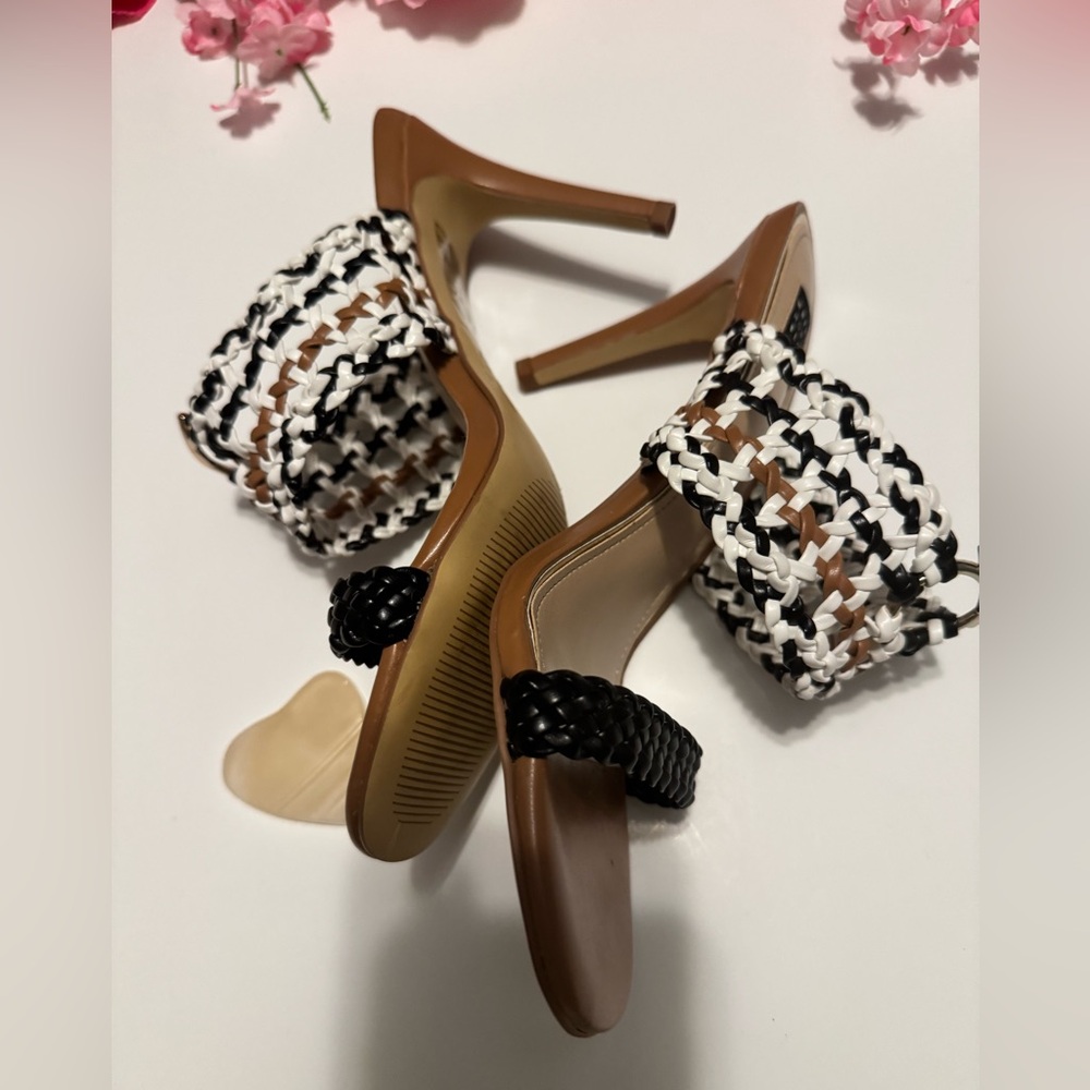 Elegant Woven Heeled Sandals - Black, White, and Brown